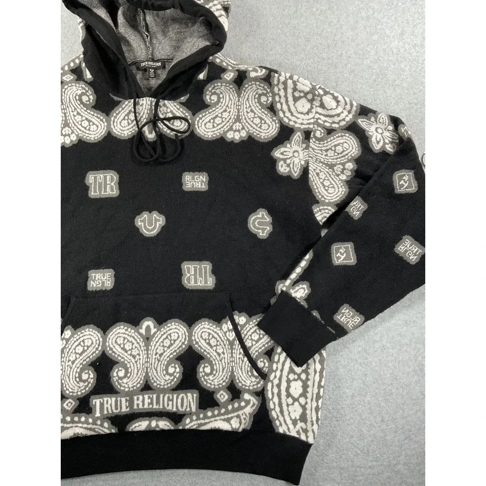 True Religion Mens Knitted Bandana Hoodie Black White Paisley Logo Sweater M 938